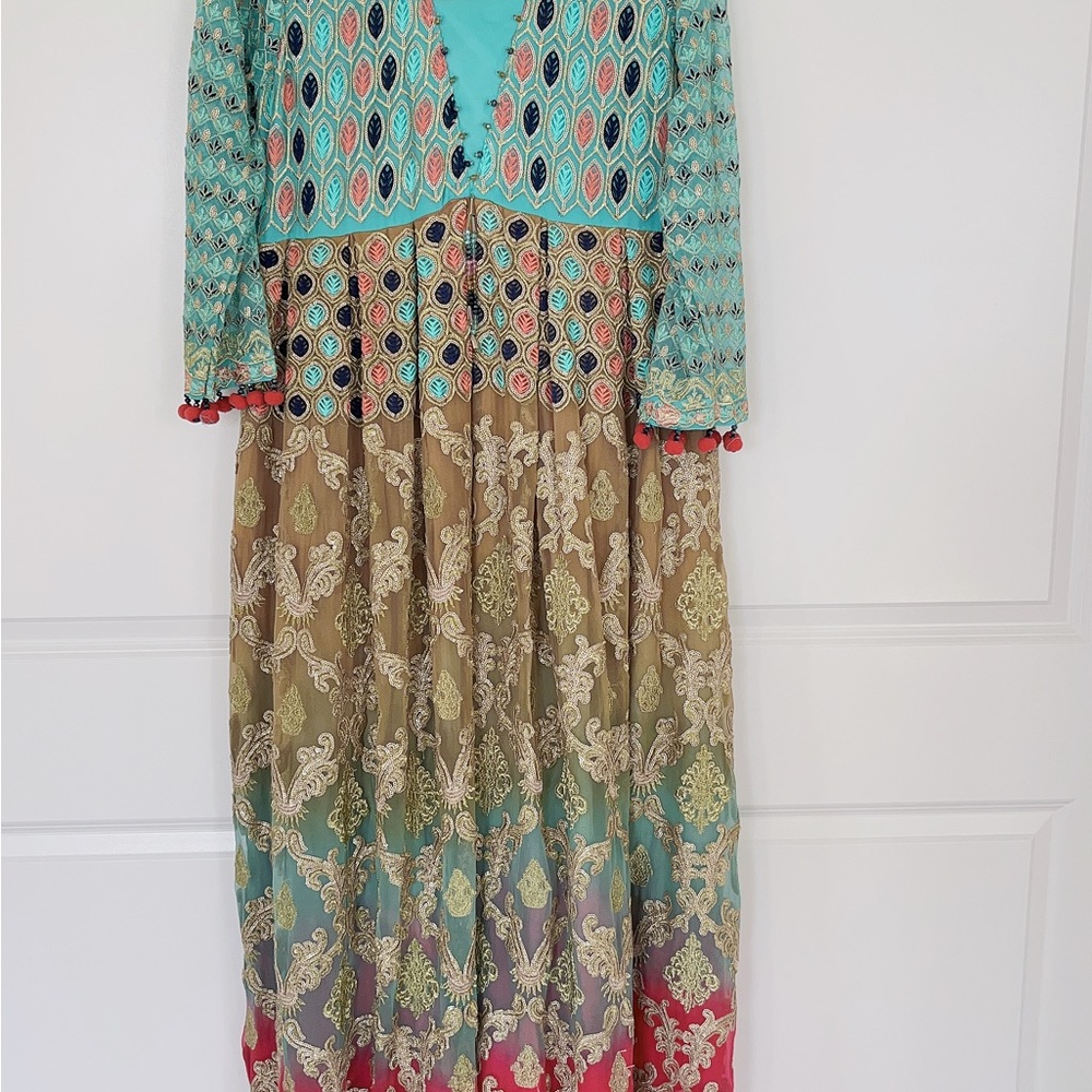 Multicolor Embroidered Maxi Dress with Navy Dupatta - - Picture 3 of 6